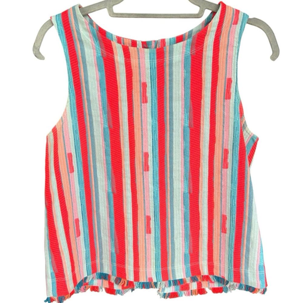 Drew Sleeveless Textured Stripe Top Medium Fringe Hem Boho Coastal 
Made USA